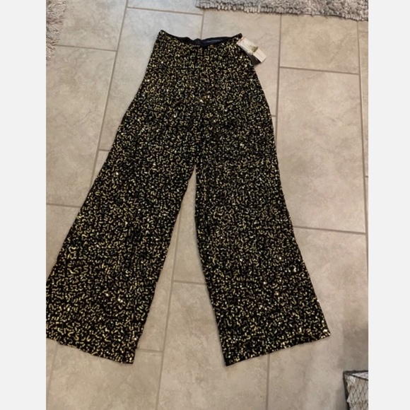 FRENCH CONNECTION Black Gold Sequin Wide Leg  Pant Size 4 - Picture 3 of 10
